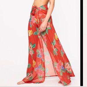 Orange Chiffon Tropcial Floral Print Maxi Skirt
